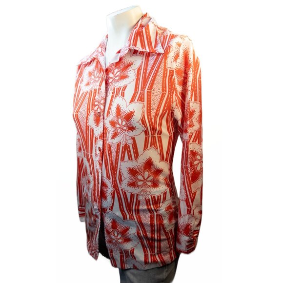 Vintage 70s Pykettes Size Small Shirt Red White Floral Button Up Disco Top - Picture 2 of 10